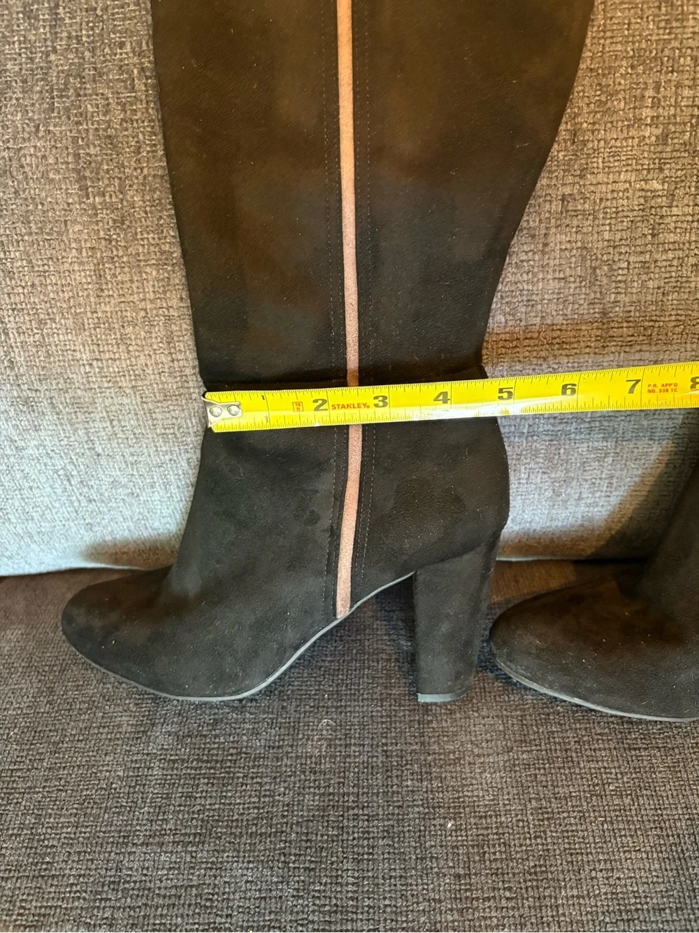 Rialto Black Suede Over-the-Knee Heeled Boots with Tan Piping